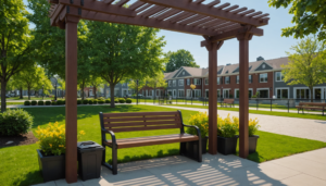 Renovasyon sonrası yenilenmiş park alanında dayanıklı oturma bankları ve çöp kovaları