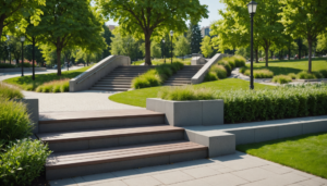 Merdivenli açık alanda güvenli şekilde konumlandırılmış park bahçe mobilyaları